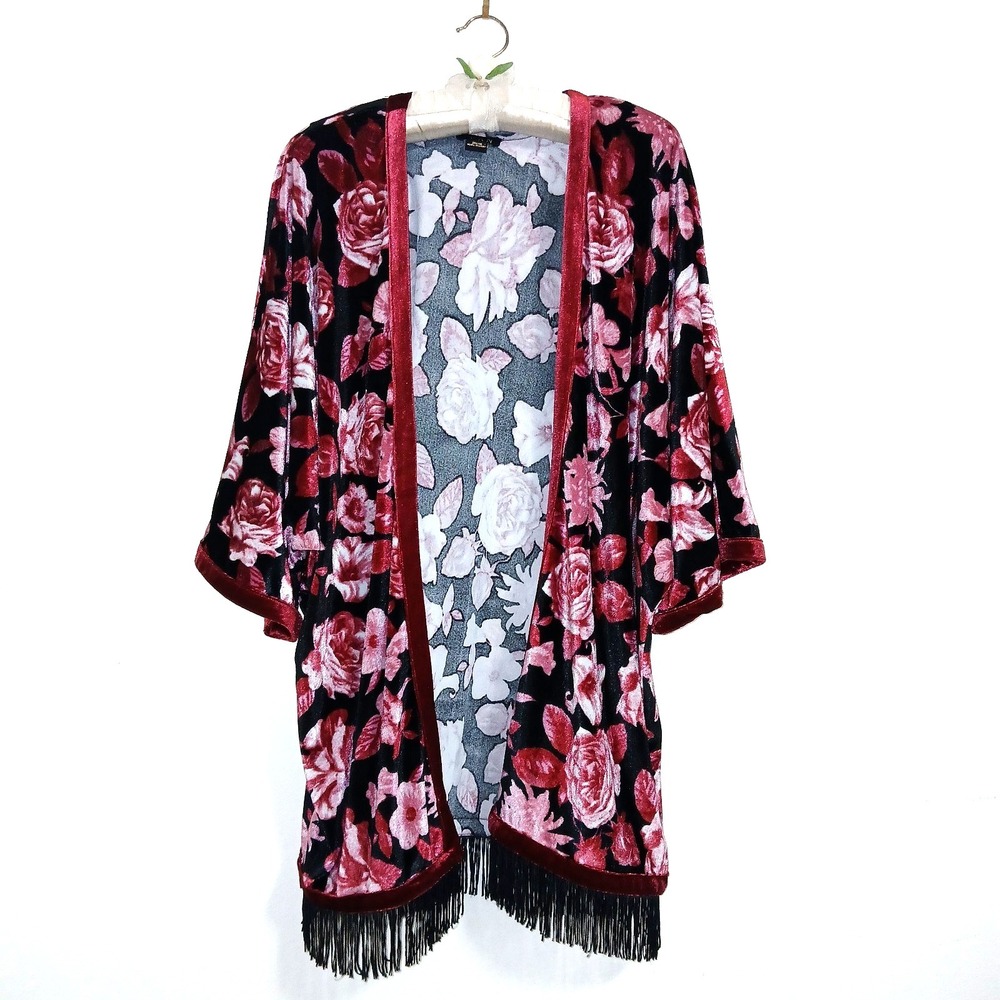 Iman Women Velour Kimono XS S Burgundy Pink Black Floral Fringe Western Country